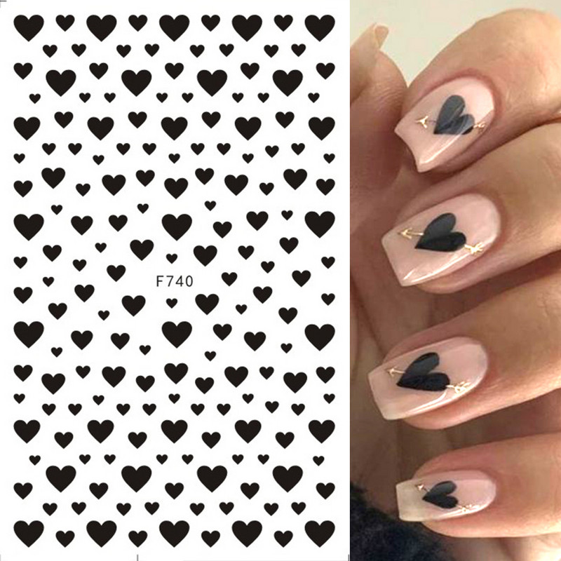 Melnbalta Mīlestības Sirds 3D Nagu Uzlīmes Valentīna Dizains Zelta ģeometrija Viļņu Līnijas Svītras Zvaigznes Slīdnes Manikīra Dekorācija