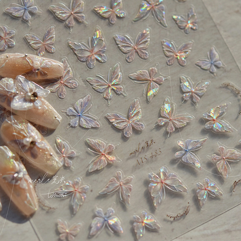 Rozā mirdzoša Aurora Shell Butterfly Nagu uzlīmes 3D nagu mākslas dizains Dekorācijas uzlīmes DIY Manikīrs Augsta kvalitāte