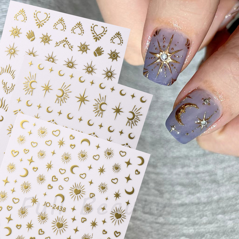 3D hologrāfiskas mīlestības sirds nagu uzlīmes zelta bronzas zvaigznes mēness slīdņi lāzera sudraba hroma nagu māksla DIY manikīra dekorēšana