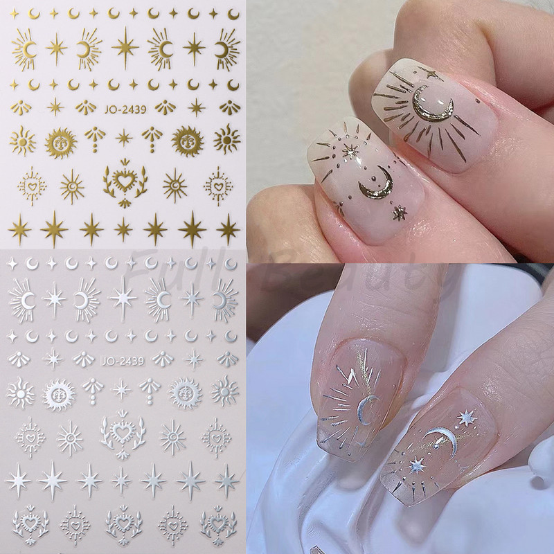3D hologrāfiskas mīlestības sirds nagu uzlīmes zelta bronzas zvaigznes mēness slīdņi lāzera sudraba hroma nagu māksla DIY manikīra dekorēšana