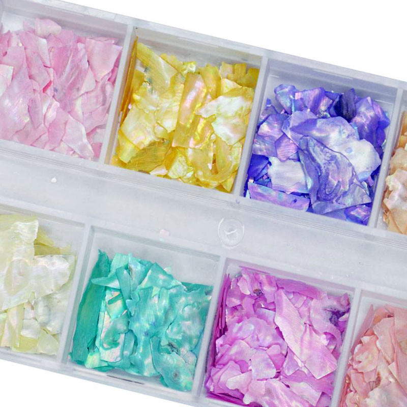 12 režģa pērļgliemenes pārslas nagu mākslas dekorēšanai 12 krāsu pērļgliemenes nagu pārslu mirdzums, neregulārs pērļgliemenes apvalks, 5t656