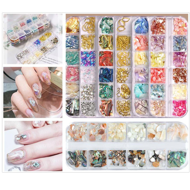 12 režģa pērļgliemenes pārslas nagu mākslas dekorēšanai 12 krāsu pērļgliemenes nagu pārslu mirdzums, neregulārs pērļgliemenes apvalks, 5t656
