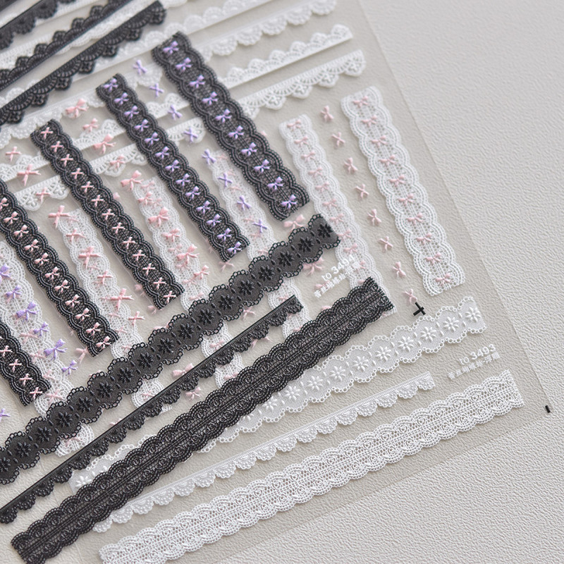 Saldi rozā bante un melna mežģīņu sirds 3D pašlīmējošās nagu mākslas uzlīmes manikīra uzlīmes vairumtirdzniecība augstas kvalitātes