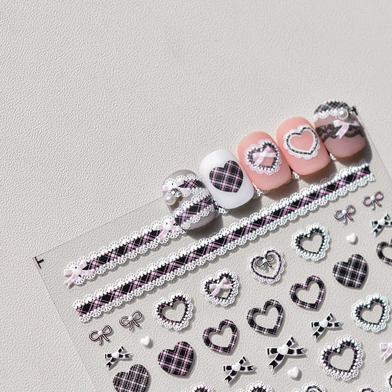 Saldi rozā bante un melna mežģīņu sirds 3D pašlīmējošās nagu mākslas uzlīmes manikīra uzlīmes vairumtirdzniecība augstas kvalitātes