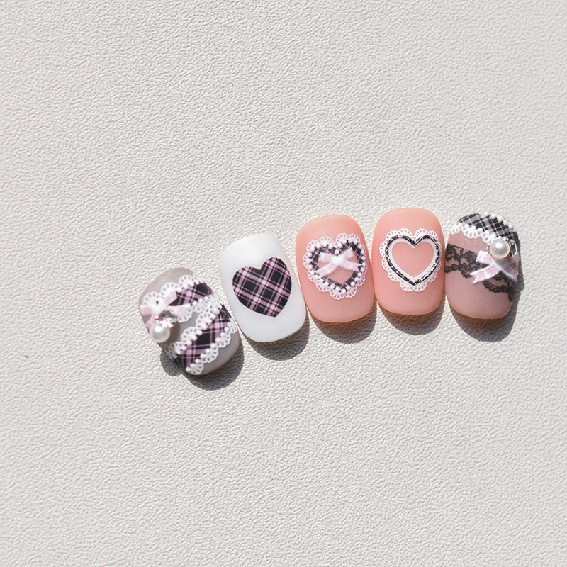 Saldi rozā bante un melna mežģīņu sirds 3D pašlīmējošās nagu mākslas uzlīmes manikīra uzlīmes vairumtirdzniecība augstas kvalitātes