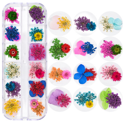 12Grid-3D žāvēts zieds nagu piekariņiem Dabisku ziedu uzlīmju maisījums Dry Flower DIY Krāsainas uzlīmes UV gēla lakas nagu mākslas manikīrs
