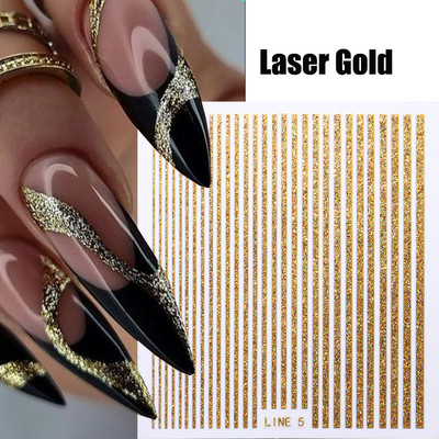 3D linije Naljepnice za nokte Laser Srebrna Zlatna Metalna pruga Slova Naljepnice Francuska krivulja Gel Nails Art klizači Dekor za manikuru
