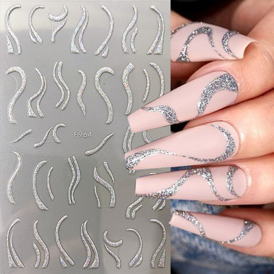 3D linije Naljepnice za nokte Laser Srebrna Zlatna Metalna pruga Slova Naljepnice Francuska krivulja Gel Nails Art klizači Dekor za manikuru