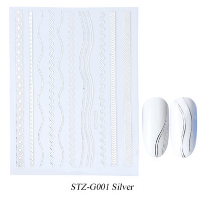 3D linije Naljepnice za nokte Laser Srebrna Zlatna Metalna pruga Slova Naljepnice Francuska krivulja Gel Nails Art klizači Dekor za manikuru