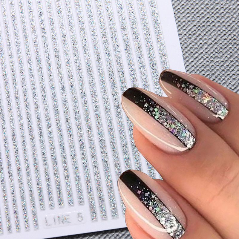 3D linije Naljepnice za nokte Laser Srebrna Zlatna Metalna pruga Slova Naljepnice Francuska krivulja Gel Nails Art klizači Dekor za manikuru