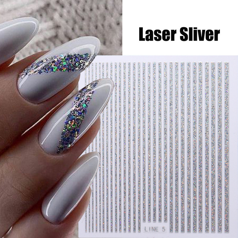 3D linije Naljepnice za nokte Laser Srebrna Zlatna Metalna pruga Slova Naljepnice Francuska krivulja Gel Nails Art klizači Dekor za manikuru