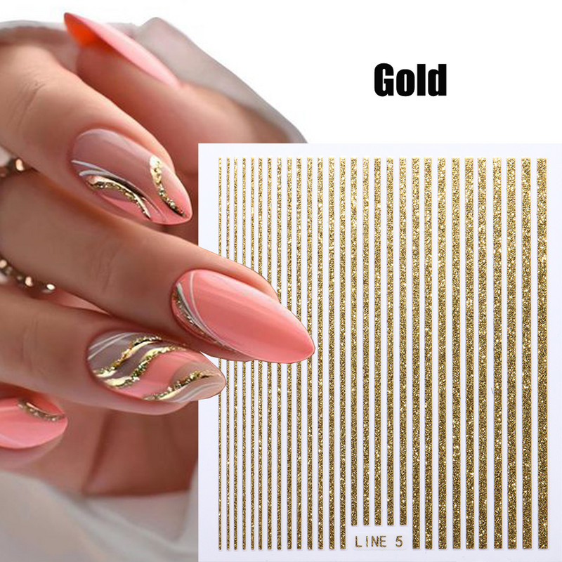 3D linije Naljepnice za nokte Laser Srebrna Zlatna Metalna pruga Slova Naljepnice Francuska krivulja Gel Nails Art klizači Dekor za manikuru