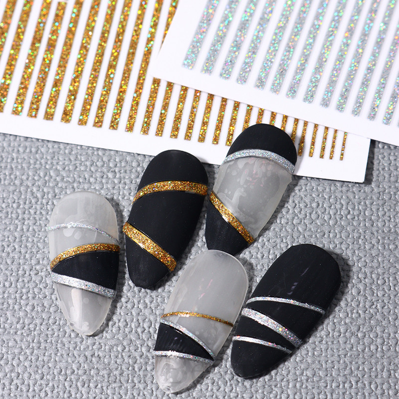 3D linije Naljepnice za nokte Laser Srebrna Zlatna Metalna pruga Slova Naljepnice Francuska krivulja Gel Nails Art klizači Dekor za manikuru