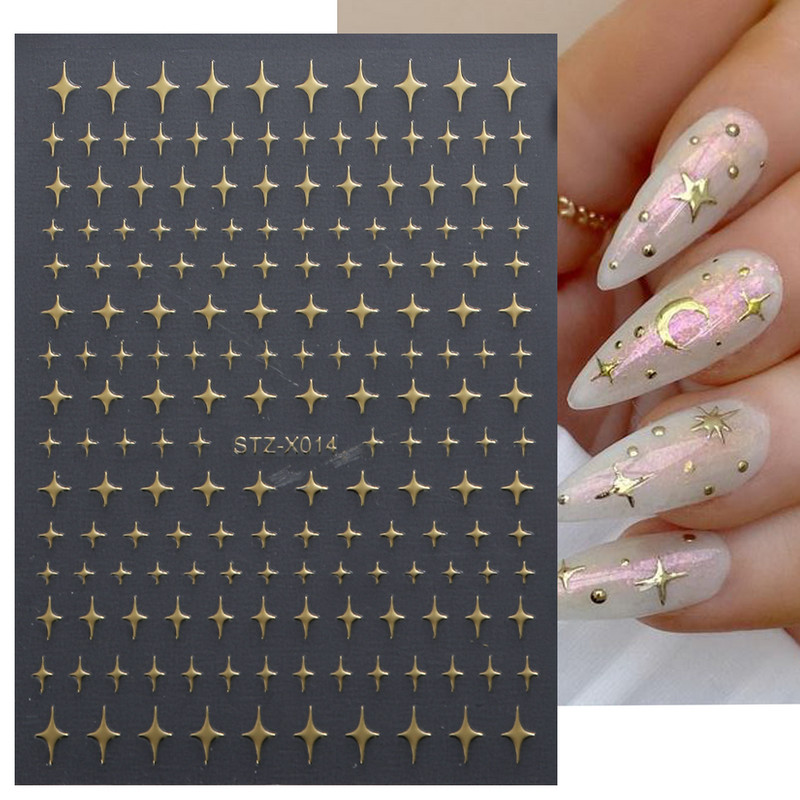 Sudraba zelta zvaigzne nagu mākslas uzlīmes Y2K piekariņi, pašlīmējošie slīdņi, lāzerbalti hroma lakas uzlīmes Kawaii aksesuāri