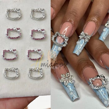 10τμχ Γούρια για νύχια ροζ γάτα Luxury Metal Nail Art Jewelry Glitter Ζιργκόν Στρας Διακοσμήσεις Μανικιούρ Πρέσα στα νύχια Προμήθεια