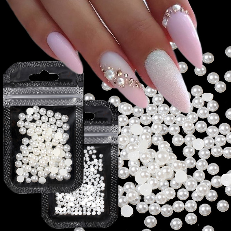 Nail Art Rhinestones Half Round Pearl Bead Μικτό μέγεθος Λευκό μισό στρογγυλό Flatback μαργαριτάρια για DIY διακόσμηση Πέτρες με χάντρες νυχιών