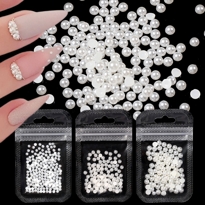 Nail Art Rhinestones Half Round Pearl Bead Μικτό μέγεθος Λευκό μισό στρογγυλό Flatback μαργαριτάρια για DIY διακόσμηση Πέτρες με χάντρες νυχιών
