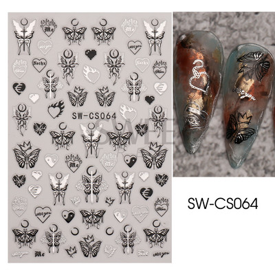 Metalik srebrne crne naljepnice za nokte 3D tamni stil privjesci klizači tinta leptir mjesec srce brava mač folija savjeti za manikuru BESW-CS