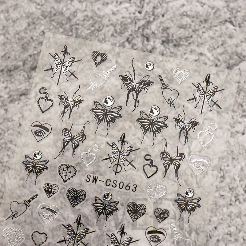 Metalik srebrne crne naljepnice za nokte 3D tamni stil privjesci klizači tinta leptir mjesec srce brava mač folija savjeti za manikuru BESW-CS