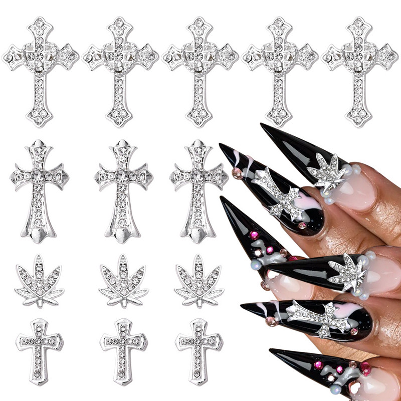 10 komada Luksuzni srebrni križ Nail Art privjesci za nakit Retro legirani kamenčići Svjetlucavi 3D Nail Art DIY Punk dodaci za manikuru