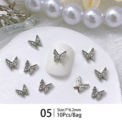 10 bucăți mini unghii cu papion, argintiu, în formă de fluture, pentru decorare 3D pentru unghii, accesorii pentru manichiură cu inimă.