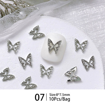 10 bucăți mini unghii cu papion, argintiu, în formă de fluture, pentru decorare 3D pentru unghii, accesorii pentru manichiură cu inimă.