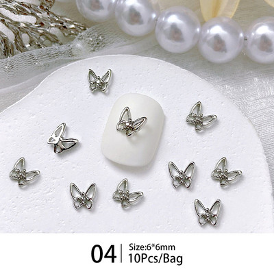 10 bucăți mini unghii cu papion, argintiu, în formă de fluture, pentru decorare 3D pentru unghii, accesorii pentru manichiură cu inimă.