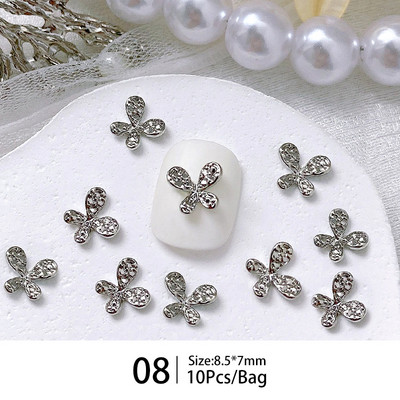 10 bucăți mini unghii cu papion, argintiu, în formă de fluture, pentru decorare 3D pentru unghii, accesorii pentru manichiură cu inimă.