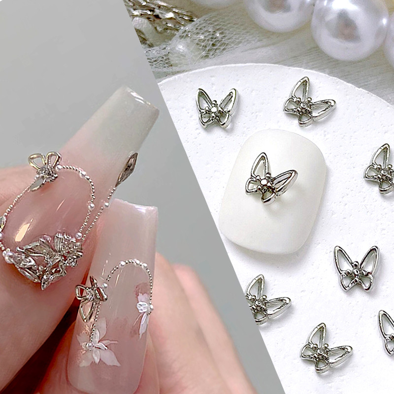 10 bucăți mini unghii cu papion, argintiu, în formă de fluture, pentru decorare 3D pentru unghii, accesorii pentru manichiură cu inimă.