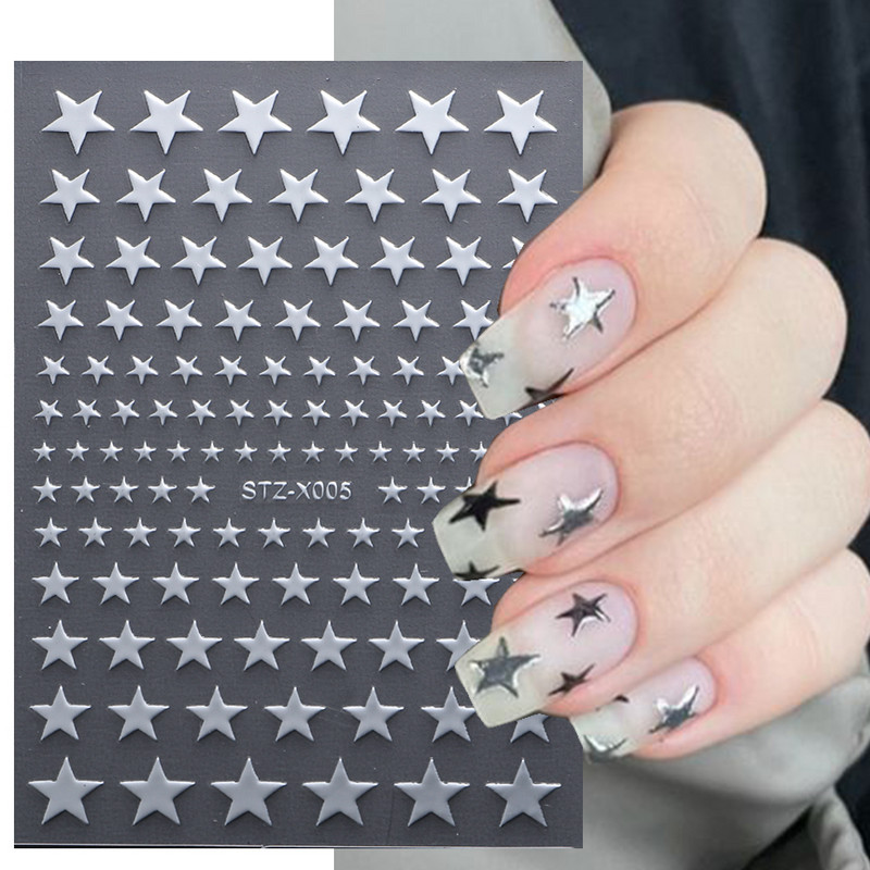 Black White Star 3D nagu mākslas uzlīme Y2K zvaigzne pašlīmējoša slīdņa burti nagu mākslas rotājumi uzlīmes manikīra aksesuāri