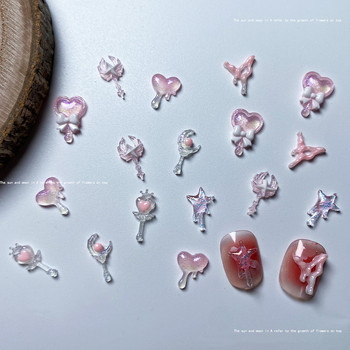 20 бр. 3D корейски Kawaii Pink Resin Nail Art Charms Японско сърце/вълшебна пръчица Бижута Нокти със кристали Декорации Аксесоари Направи си сам