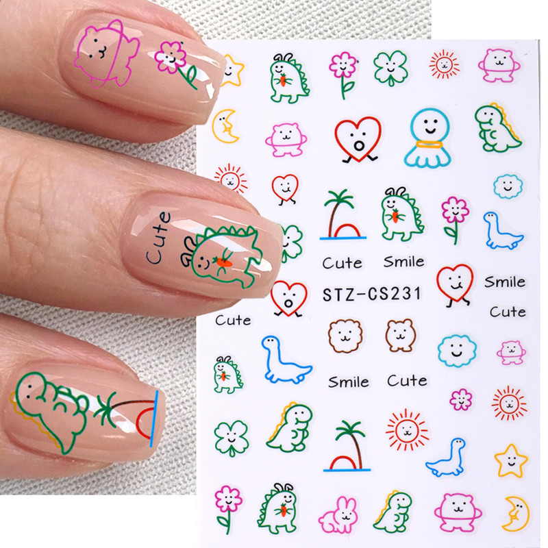 3D Kawaii dinozauru nagu uzlīmes multfilmas anime Dzīvnieki pašlīmējošā uzlīme Jauka dizaina slīdņi manikīra dekoru aksesuāri
