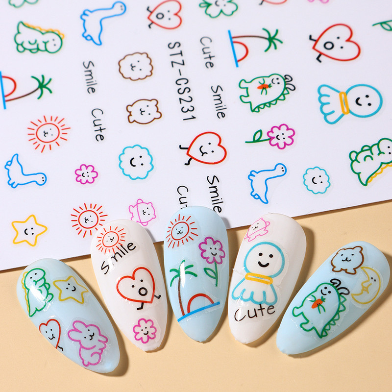 3D Kawaii dinozauru nagu uzlīmes multfilmas anime Dzīvnieki pašlīmējošā uzlīme Jauka dizaina slīdņi manikīra dekoru aksesuāri