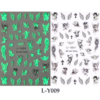 3D melna cilvēka silueti nagu uzlīme Gaišs, ziedošs dizains spoks dēmons kaķis eņģelis tauriņš DIY slīdnis nagu folijas dekorēšana
