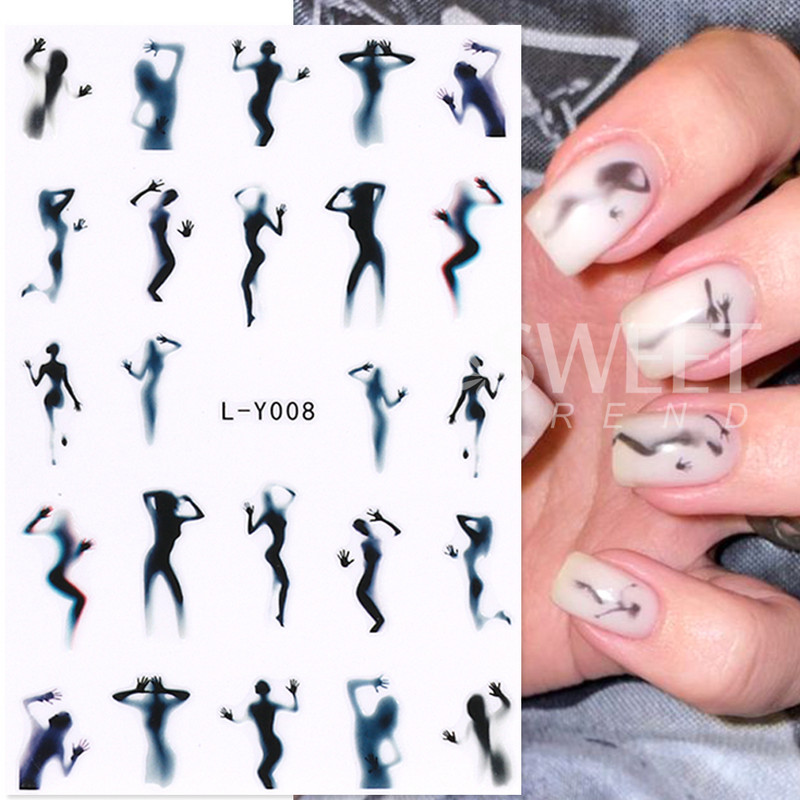 3D melna cilvēka silueti nagu uzlīme Gaišs, ziedošs dizains spoks dēmons kaķis eņģelis tauriņš DIY slīdnis nagu folijas dekorēšana