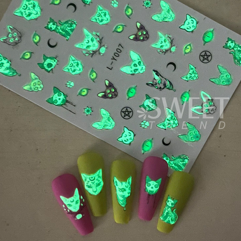3D melna cilvēka silueti nagu uzlīme Gaišs, ziedošs dizains spoks dēmons kaķis eņģelis tauriņš DIY slīdnis nagu folijas dekorēšana