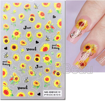 3D nagu mākslas uzlīmes Jauni īpaši plānas šampanieša krāsas ziedi zaļas lapas lipīgās slīdnes Nagu uzlīmes dekorācijas manikīram