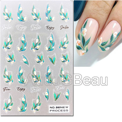 3D nagu mākslas uzlīmes Jauni īpaši plānas šampanieša krāsas ziedi zaļas lapas lipīgās slīdnes Nagu uzlīmes dekorācijas manikīram