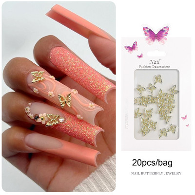 20 buc. Decor pentru unghii cu fluture goale din aliaj, 10*11 mm, auriu, argintiu, metal, farfurii pentru unghii, piese pentru fluture de Ziua Îndrăgostiților.