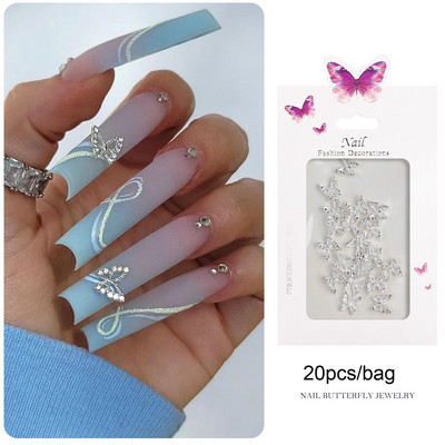 20 buc. Decor pentru unghii cu fluture goale din aliaj, 10*11 mm, auriu, argintiu, metal, farfurii pentru unghii, piese pentru fluture de Ziua Îndrăgostiților.