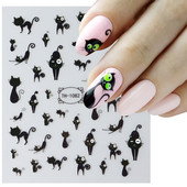 3D melna kaķa nagu uzlīme Gaismas acs spoks galvaskausa slīdņi mirdz tumsā gēla lakas uzlīmes Helovīna nagu mākslas rotājumi