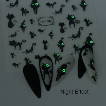 Τρισδιάστατο αυτοκόλλητο για νύχια μαύρης γάτας Φωτεινό μάτι Ghost Skull Sliders που λάμπουν στο σκοτεινό βερνίκι τζελ Χαλκομανίες Χαλοουίν Διακοσμήσεις νυχιών