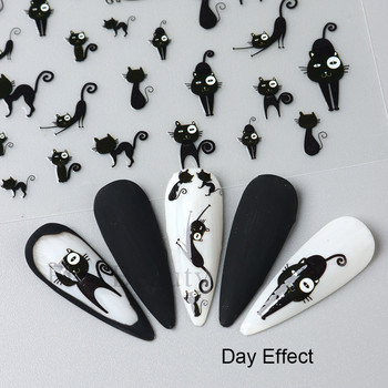3D стикер за нокти с черна котка Светещо око Плъзгачи с призрачен череп Светещи в тъмното Стикери с гел лак Хелоуин Декорации за нокти