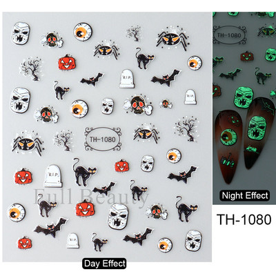 3D melna kaķa nagu uzlīme Gaismas acs spoks galvaskausa slīdņi mirdz tumsā gēla lakas uzlīmes Helovīna nagu mākslas rotājumi