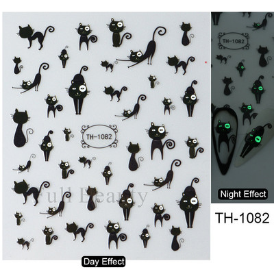 3D melna kaķa nagu uzlīme Gaismas acs spoks galvaskausa slīdņi mirdz tumsā gēla lakas uzlīmes Helovīna nagu mākslas rotājumi