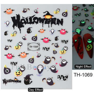 3D melna kaķa nagu uzlīme Gaismas acs spoks galvaskausa slīdņi mirdz tumsā gēla lakas uzlīmes Helovīna nagu mākslas rotājumi