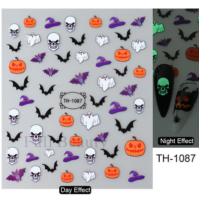 3D melna kaķa nagu uzlīme Gaismas acs spoks galvaskausa slīdņi mirdz tumsā gēla lakas uzlīmes Helovīna nagu mākslas rotājumi