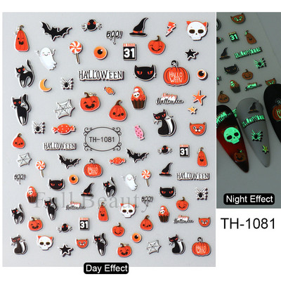 3D melna kaķa nagu uzlīme Gaismas acs spoks galvaskausa slīdņi mirdz tumsā gēla lakas uzlīmes Helovīna nagu mākslas rotājumi