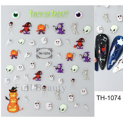 3D melna kaķa nagu uzlīme Gaismas acs spoks galvaskausa slīdņi mirdz tumsā gēla lakas uzlīmes Helovīna nagu mākslas rotājumi