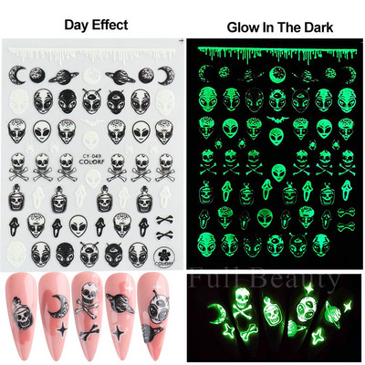 3D melna kaķa nagu uzlīme Gaismas acs spoks galvaskausa slīdņi mirdz tumsā gēla lakas uzlīmes Helovīna nagu mākslas rotājumi